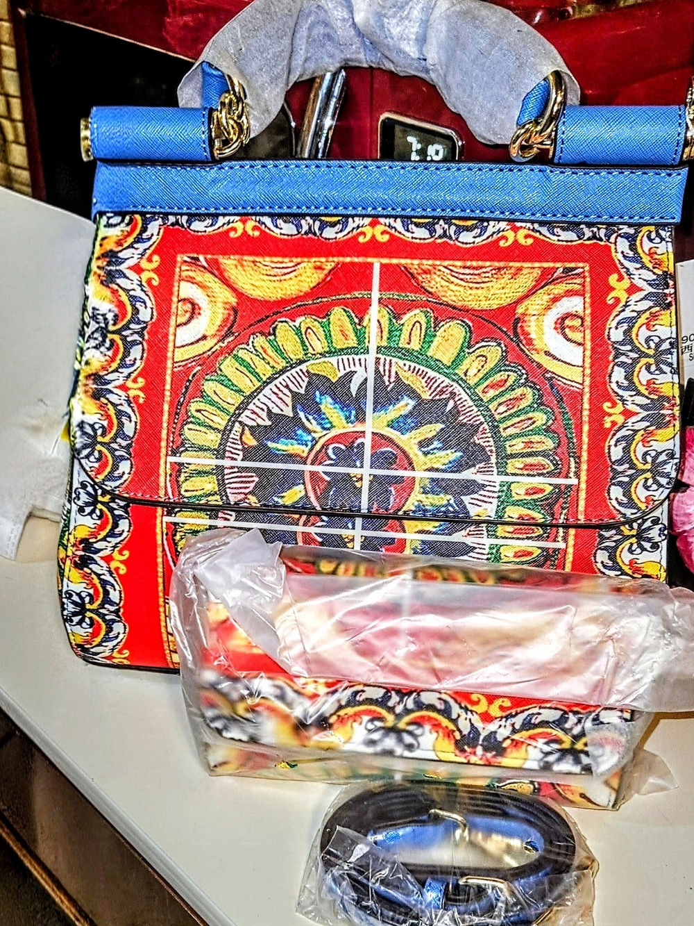 Blue-Trim Red Printed Top-Handle Women's Bag Set